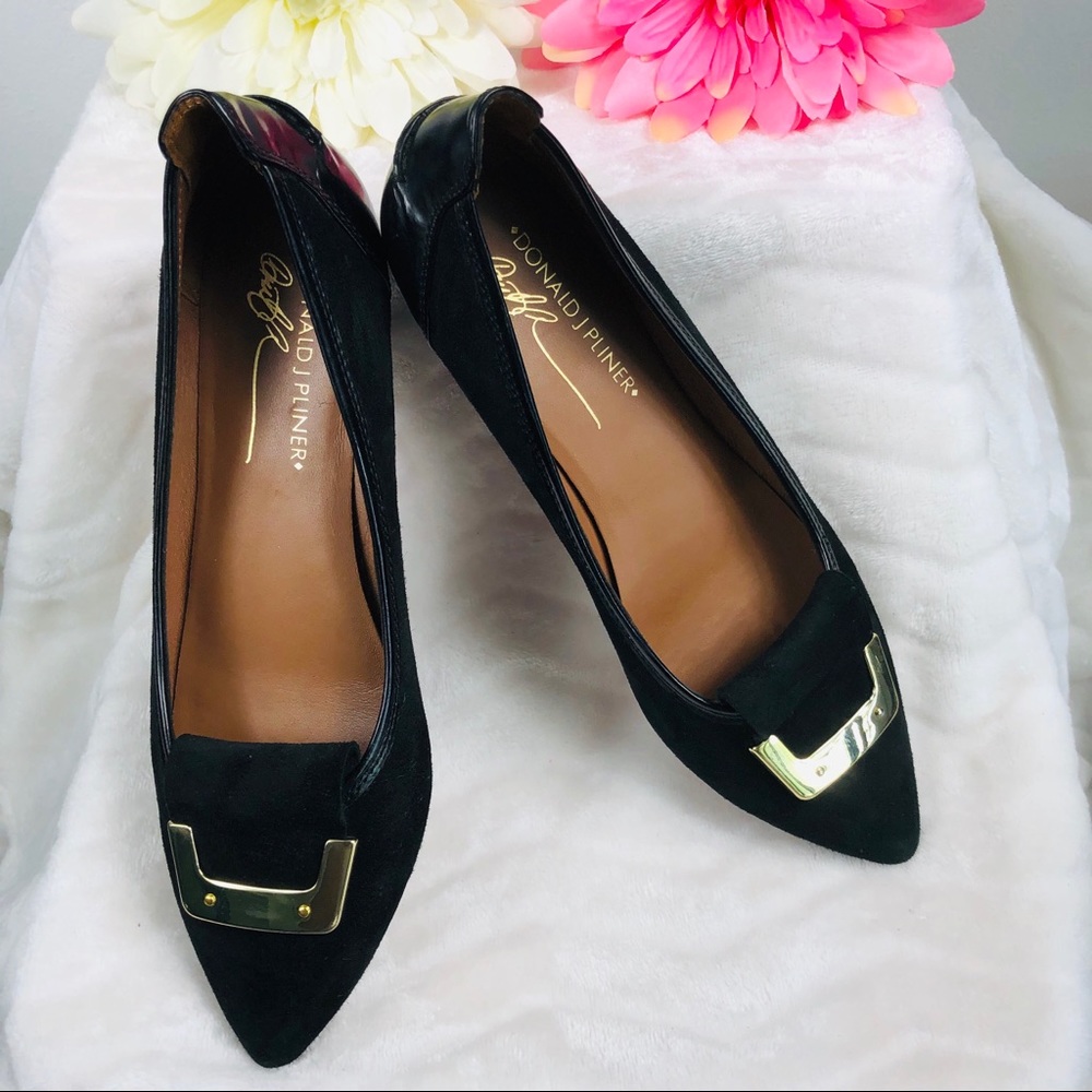Donald J. Pliner Black Suede Wedge Flats with Gold Accent - Picture 5 of 10